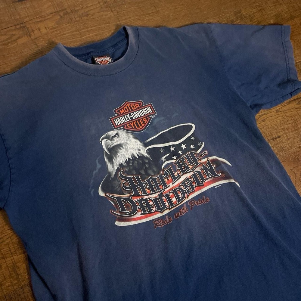 Harley Davidson T-Shirt Mens XL Blue Vintage Biker Javelina Eagle Sun Faded
